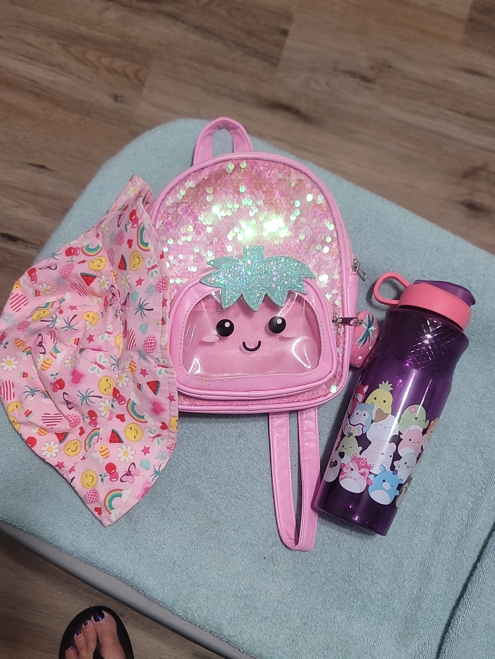 Pink Sequin Strawberry Mini Backpack Water Bottle With Hat for Kids